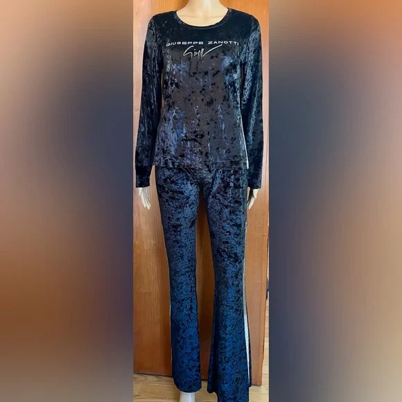 GIUSEPPE ZANOTTI 2pc Rhinestone Studded Black Velour Sweatsuit/Loungewear Sz S - Picture 4 of 11